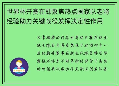 世界杯开赛在即聚焦热点国家队老将经验助力关键战役发挥决定性作用