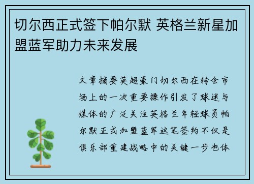 切尔西正式签下帕尔默 英格兰新星加盟蓝军助力未来发展